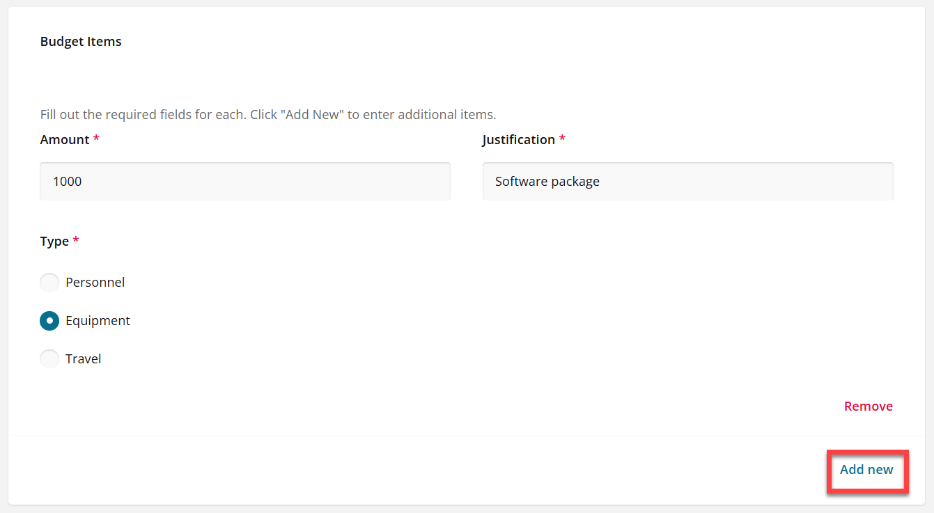 Applicant view of filled out entry
