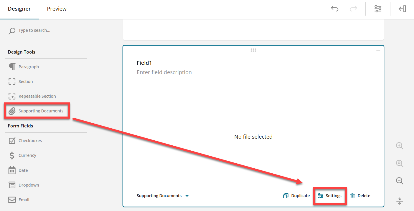 Default admin view of supporting document option
