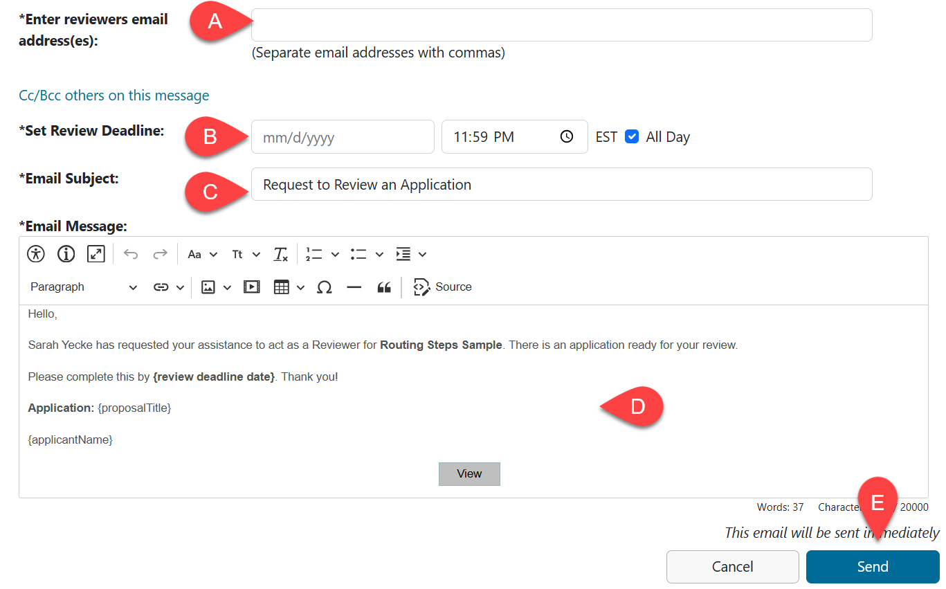 Reviewer assignment screen. First field: Enter reviewer(s) email address(es). Set Review Deadline date field below. Email subject: Request to Review an Application (can be edited). Email Message box with default text. Send button outlined in red in lower right corner.