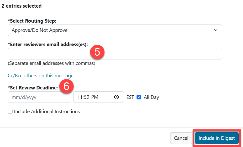 Assign Reviewer(s) dialog box, with "Include Additional Instructions" check box and Include in Digest button outlined in red.