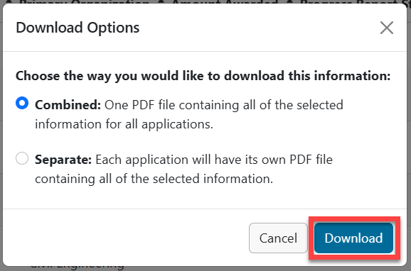 Download Options modal with either Combined or Separate radio buttons. Download button outlined in red.