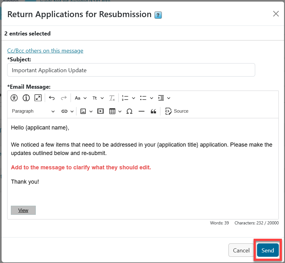 Return Applications for Resubmission modal. Send button outlined in red.