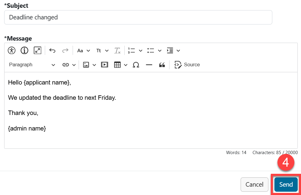 Admin view of custom message with Send button outlined in red