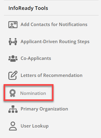 Admin view of selecting nominations tool from the InfoReady Tools section of the toolbar
