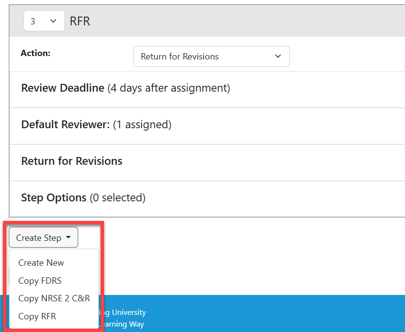 Administrator view of the Create Step dropdown