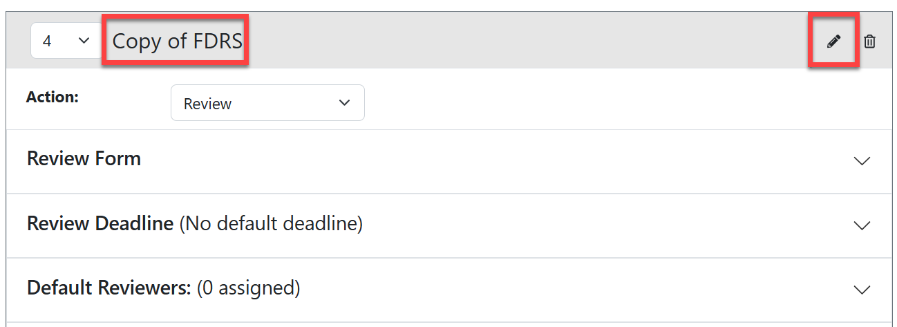 Admin view of title of step outlined in red, with red pencil icon to the right, also outlined in red