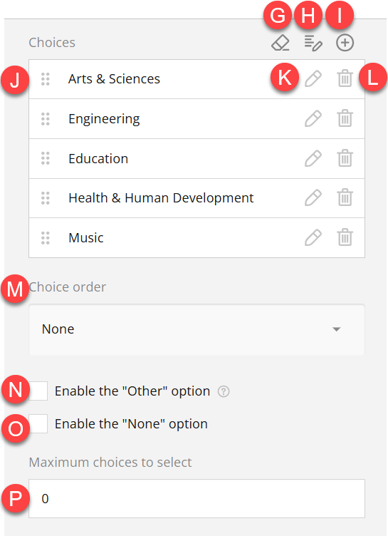 Admin view of Choices section of Settings panel
