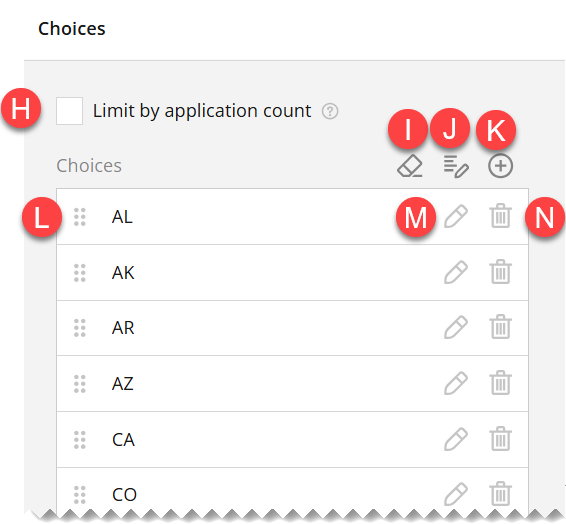 Admin view of Choices section of Settings panel