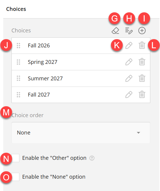Admin view of Choices section of Settings panel