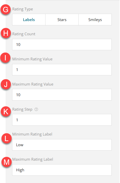Admin view of Rating Values section of Settings panel
