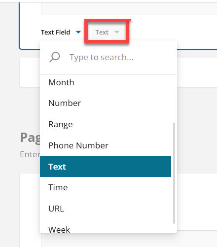 Admin view of text field validation options as a dropdown list