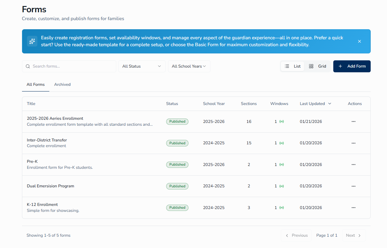 Forms page in list view (default)