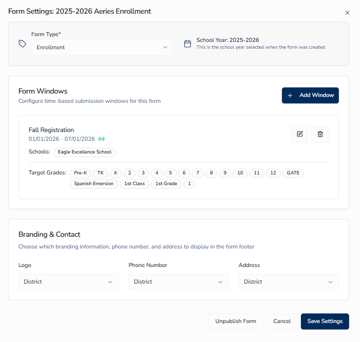 Form settings screen showing school year, windows, and branding configuration options