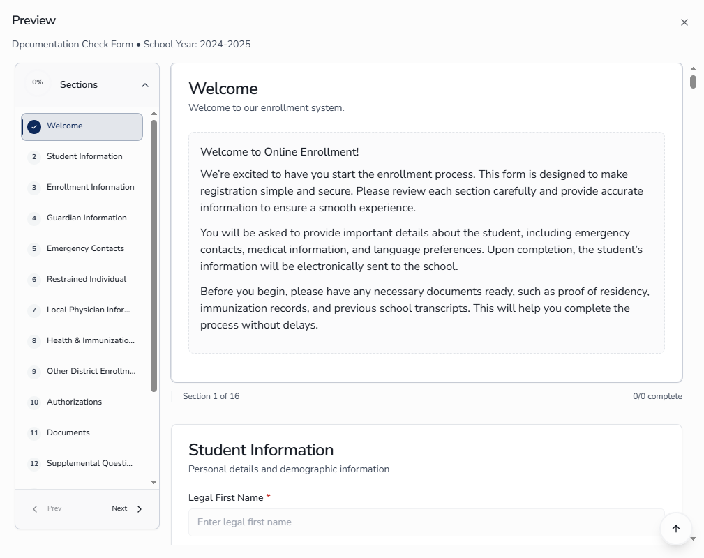 Form Preview showing how the enrollment form appears to parents and guardians