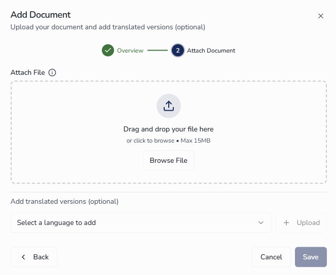 Add Document wizard showing Step 2 Attach Document with primary file upload area, uploaded PDF file with remove option, and translation section with language dropdown