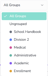 Group filter dropdown expanded showing All Groups, Ungrouped, and individual group options with color dots