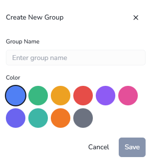 Create new group dialog with group name field and color selector showing ten color options