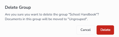 Groups popover in edit mode showing trash icon for deleting group and confirmation dialog