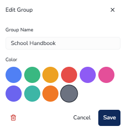 Groups popover showing hover state with pencil icon highlighted for editing group name and color