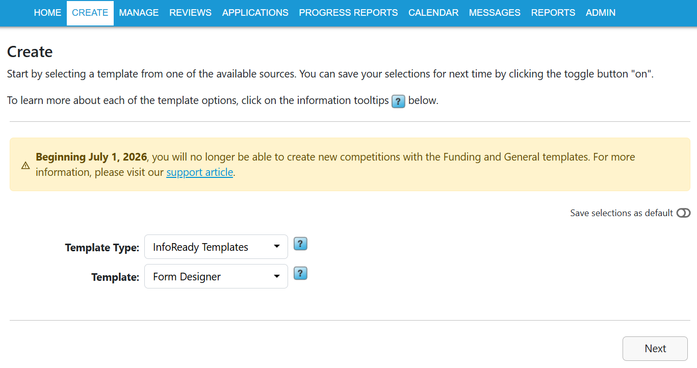 Administrator view of Create tab, template selection screen