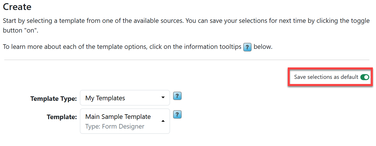Save selections as default toggled to "on" (green).