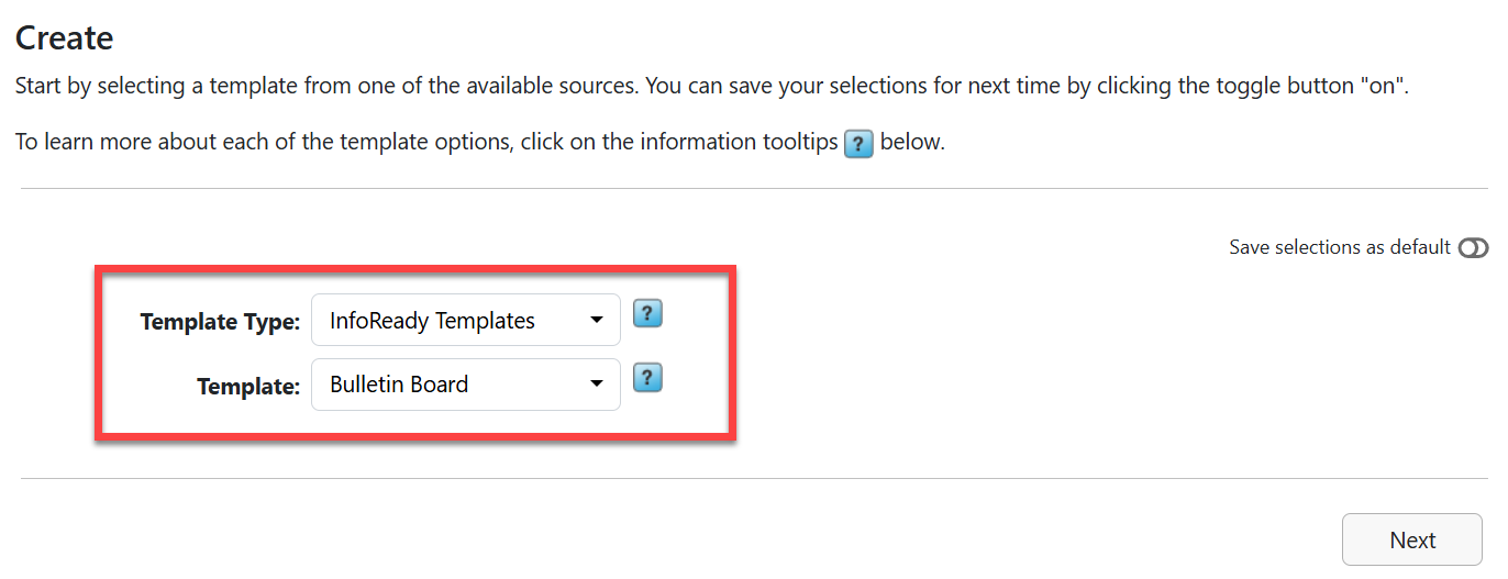Create competition page. Template source dropdown: InfoReady Templates selected. Template dropdown: Bulletin Board selected.