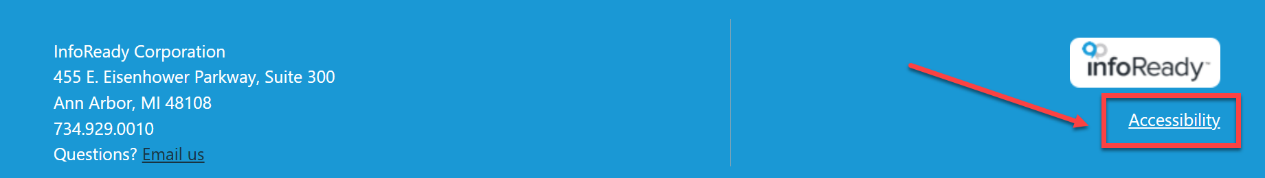 Example InfoReady footer with Accessibility link outlined in red box with red arrow pointing to it