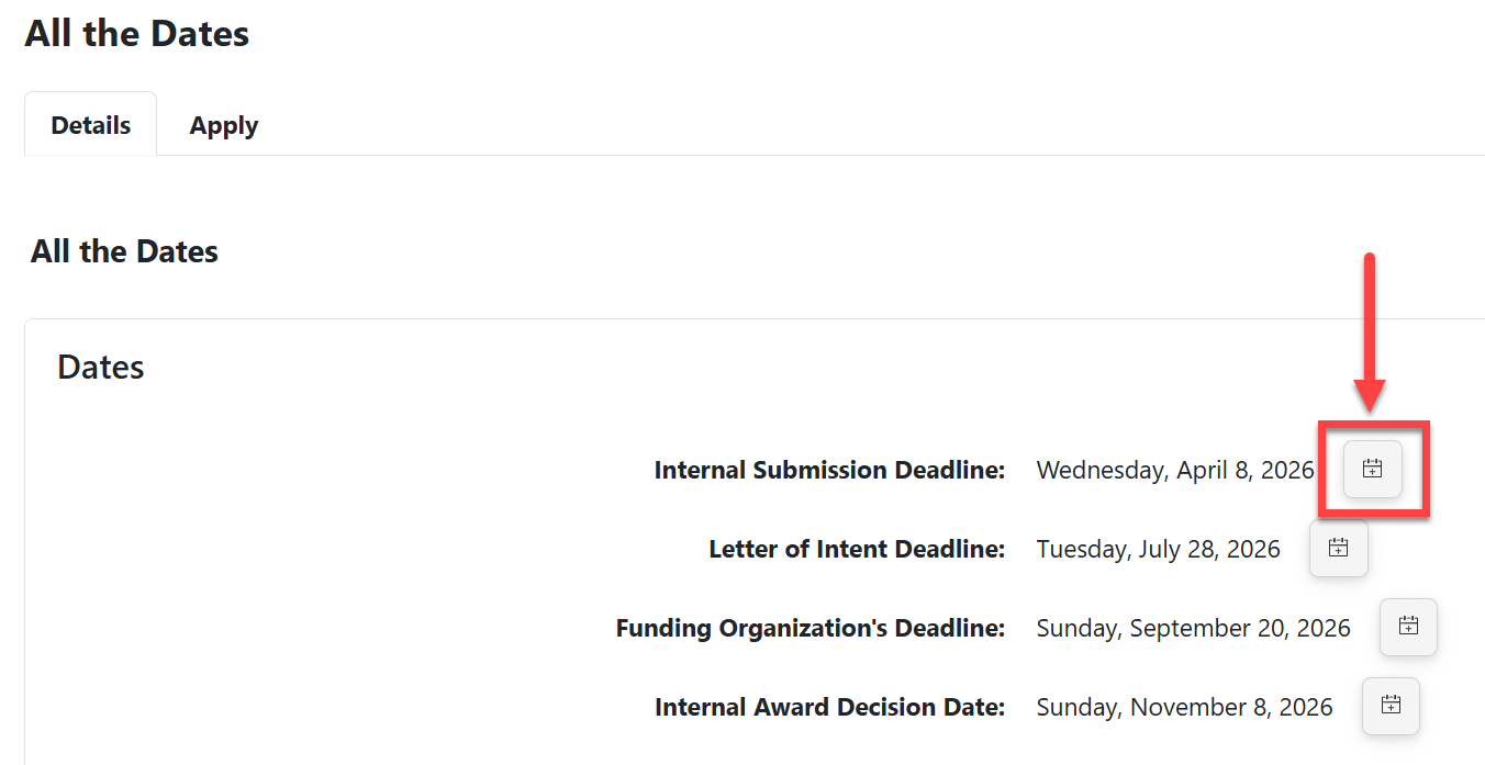 Applicant view of opportunity with list of dates. Calendar icon to the right outlined in red with red arrow pointing downward toward it