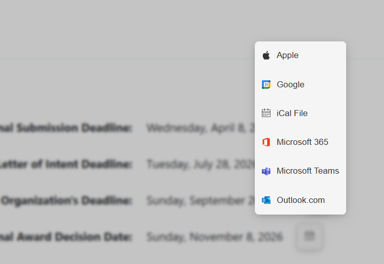 Add to calendar options listed above