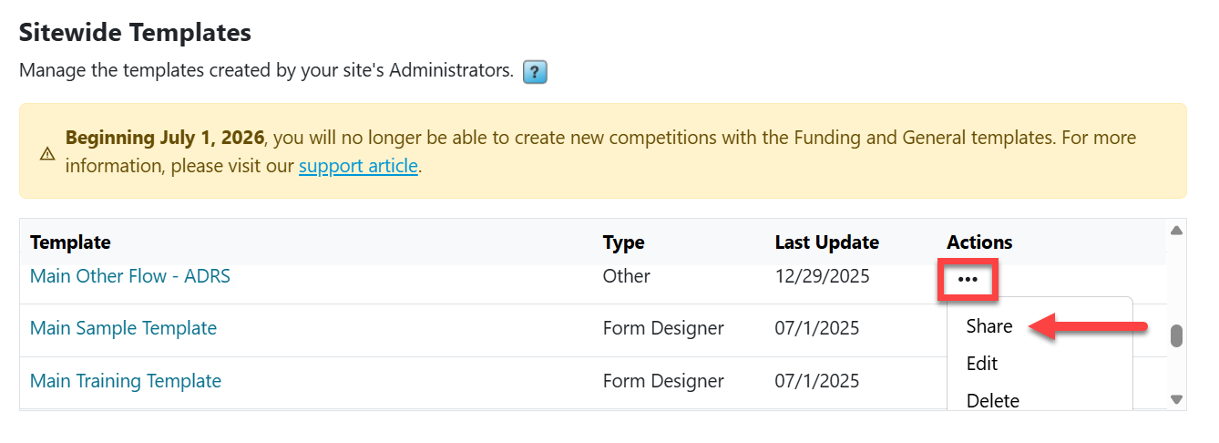 Sitewide Templates section Chart showing Template names, Type, Last Update timestamps, and then Actions. Box showing below ellipsis to Share, Edit, and Delete. The Share link has red arrow pointing to it.