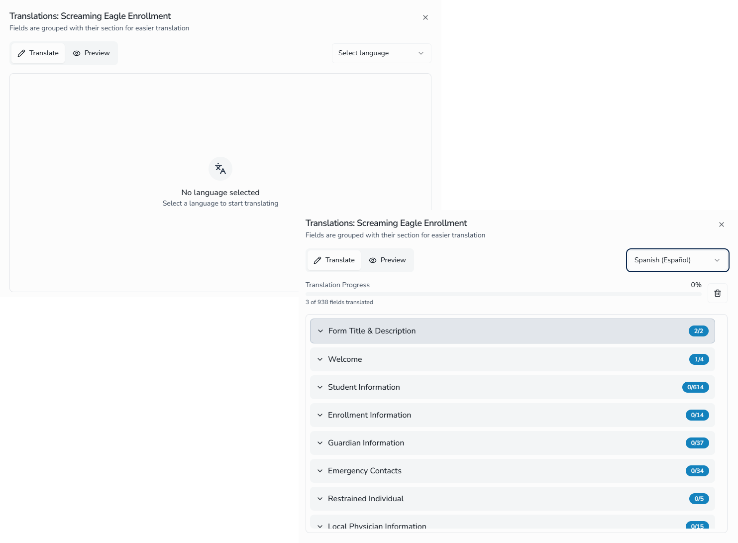 Form Translations page showing language selection and translation progress indicators