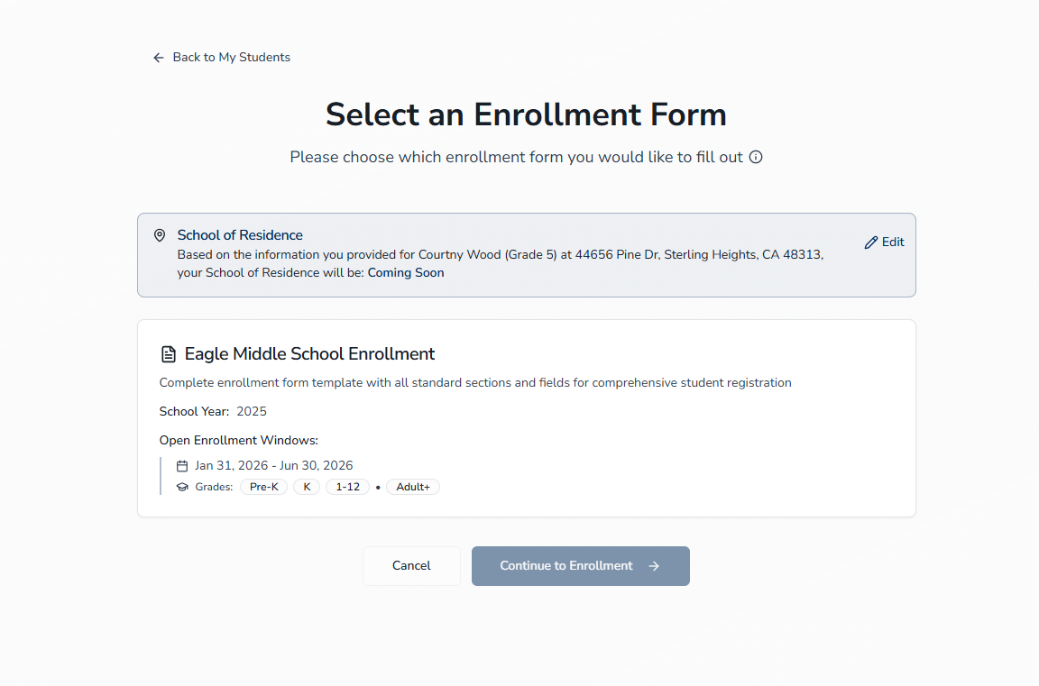 Select Enrollment Form Modal