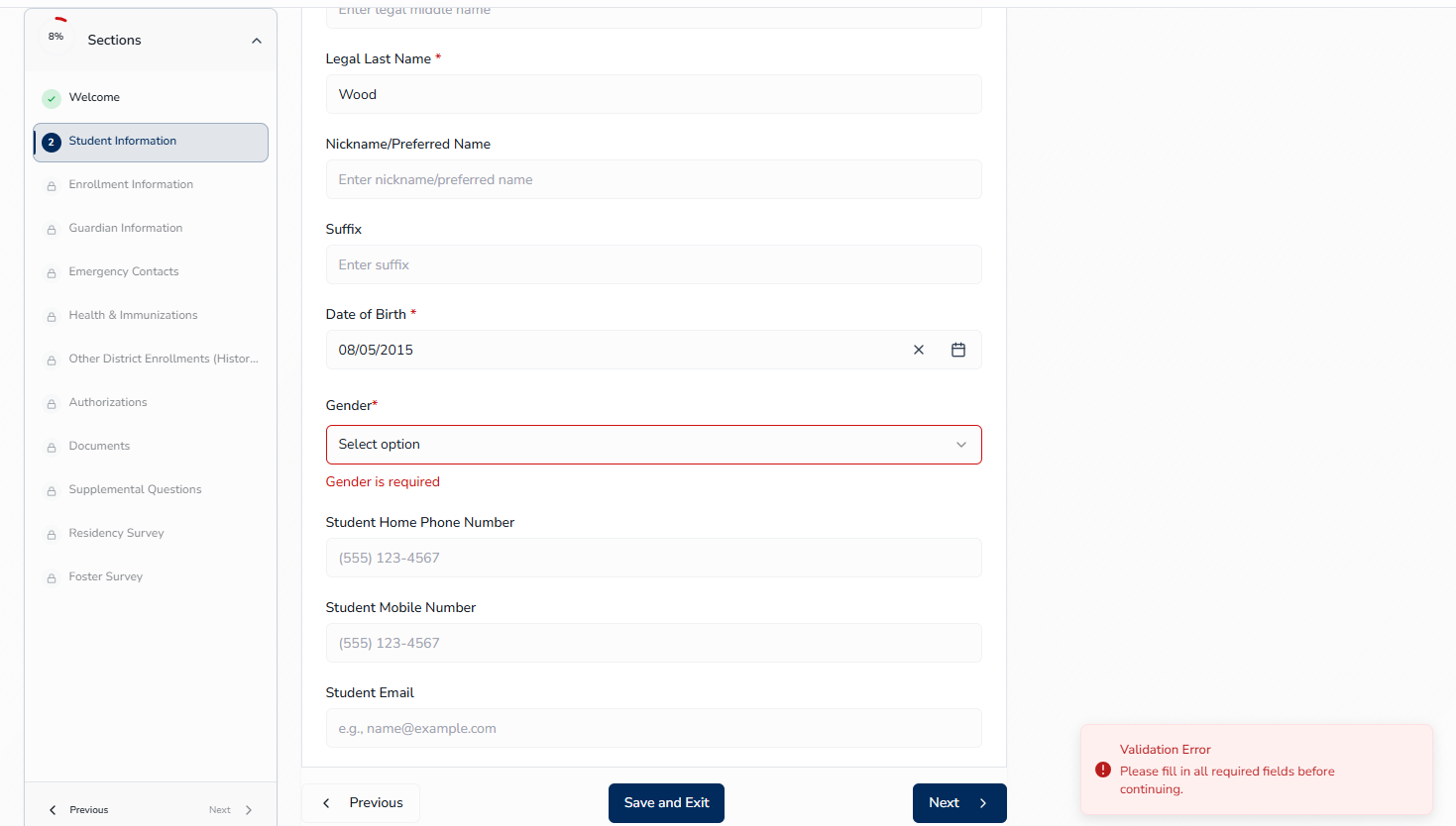 Student Information Modal continued
