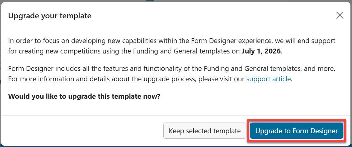 Upgrade your template modal with Upgrade to Form Designer outlined in red