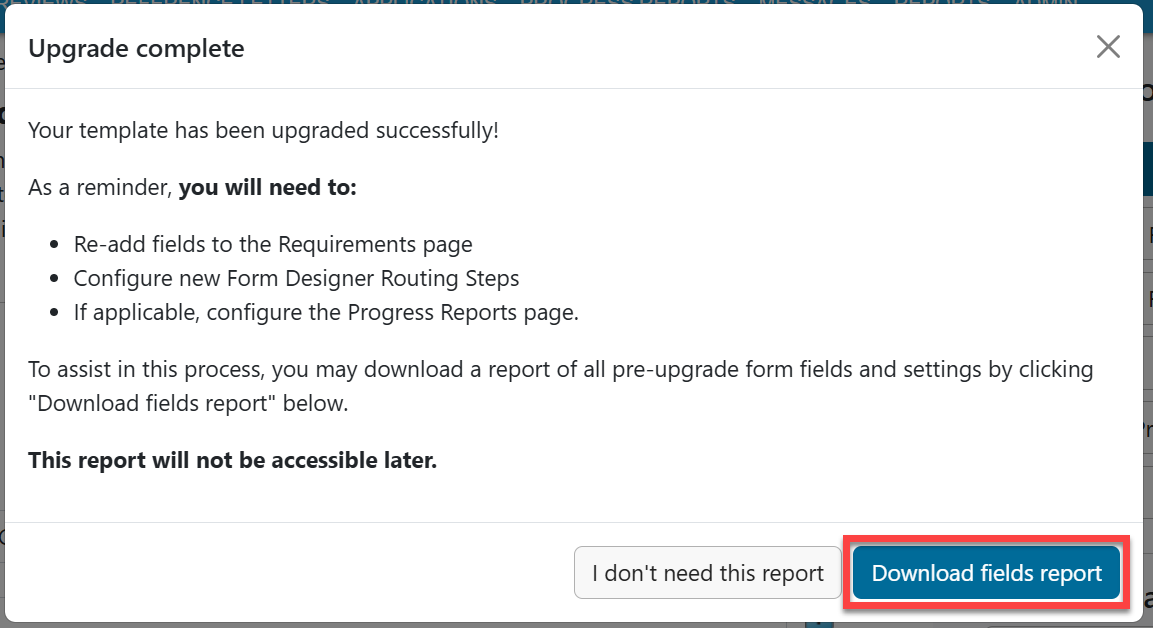 Upgrade complete modal