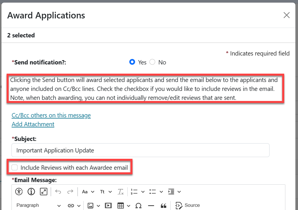 Email message box. Check box marked: Include Reviews with each Awardee email.