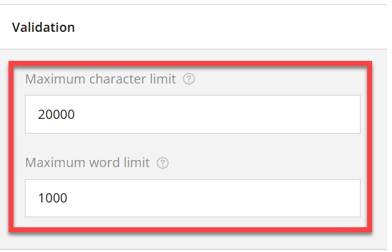 Validation area for rich text field with maximum character and word limits