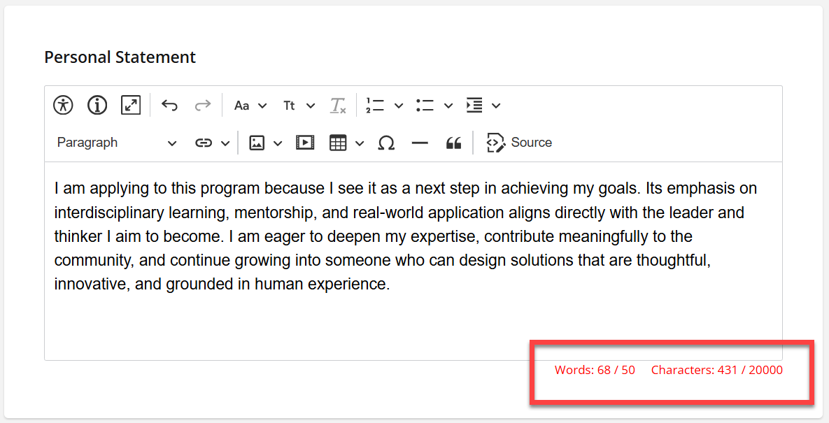 Rich text field with word and character counter outlined in red.