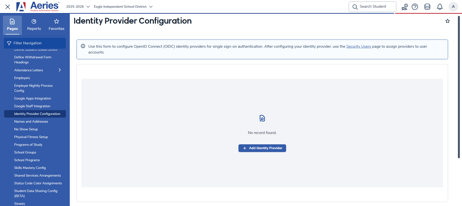 Identity Provider Configuration page showing no providers configured