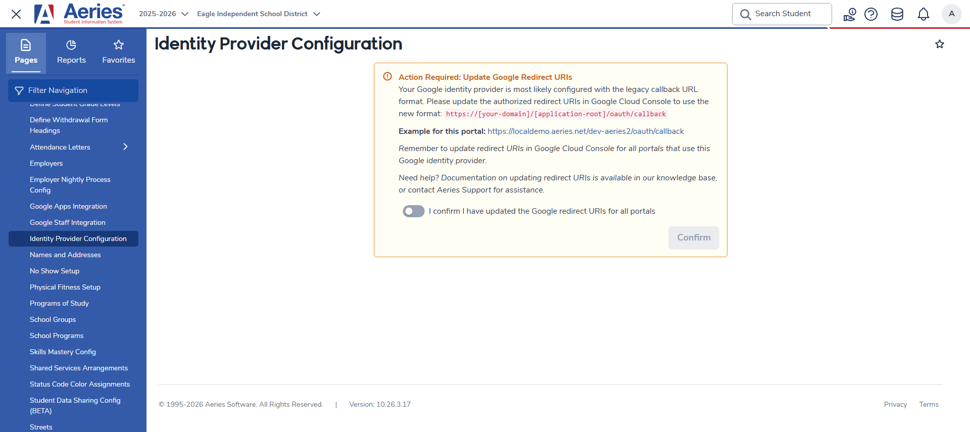 Identity Provider Configuration page showing the migration action required banner