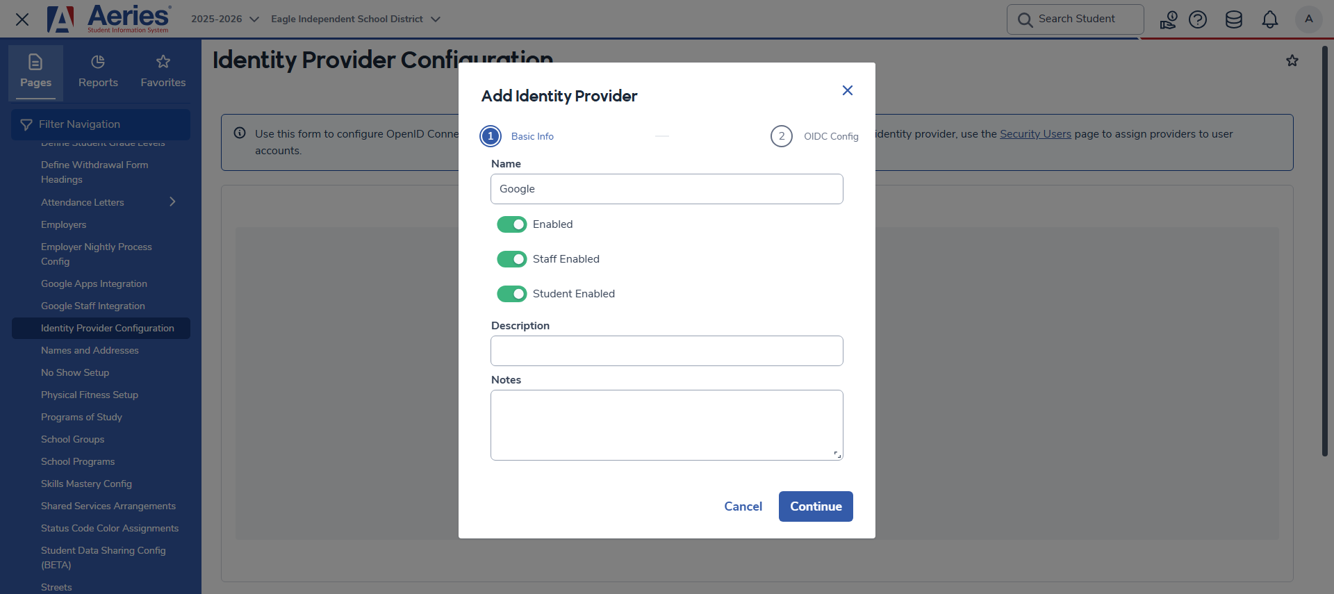 Add Identity Provider modal - Step 1 Basic Info filled in with example Google provider