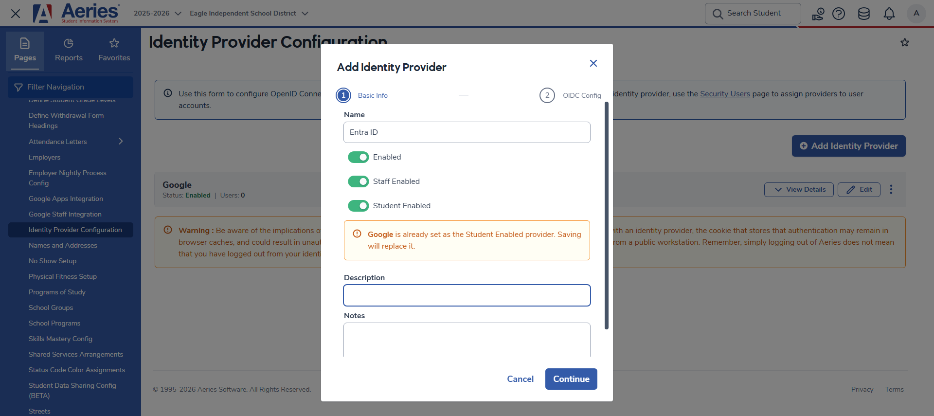 Inline warning shown when Student Enabled is toggled on and another provider is already set