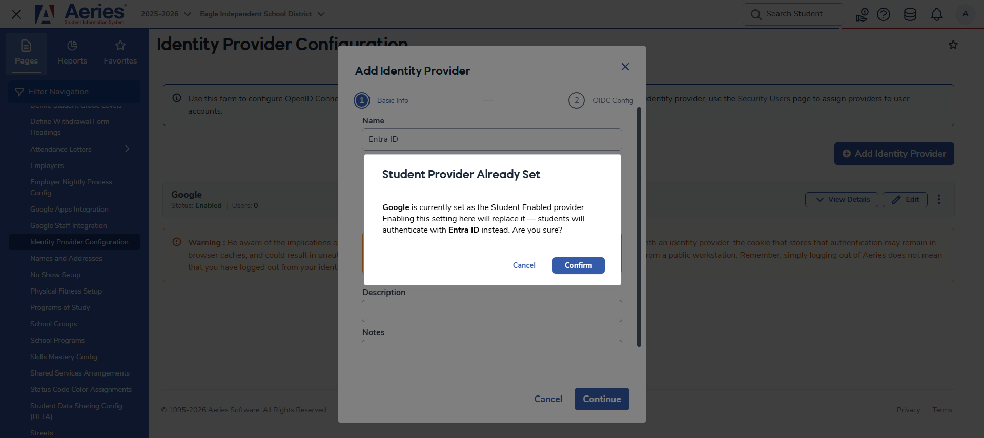 Student Provider Already Set confirmation dialog