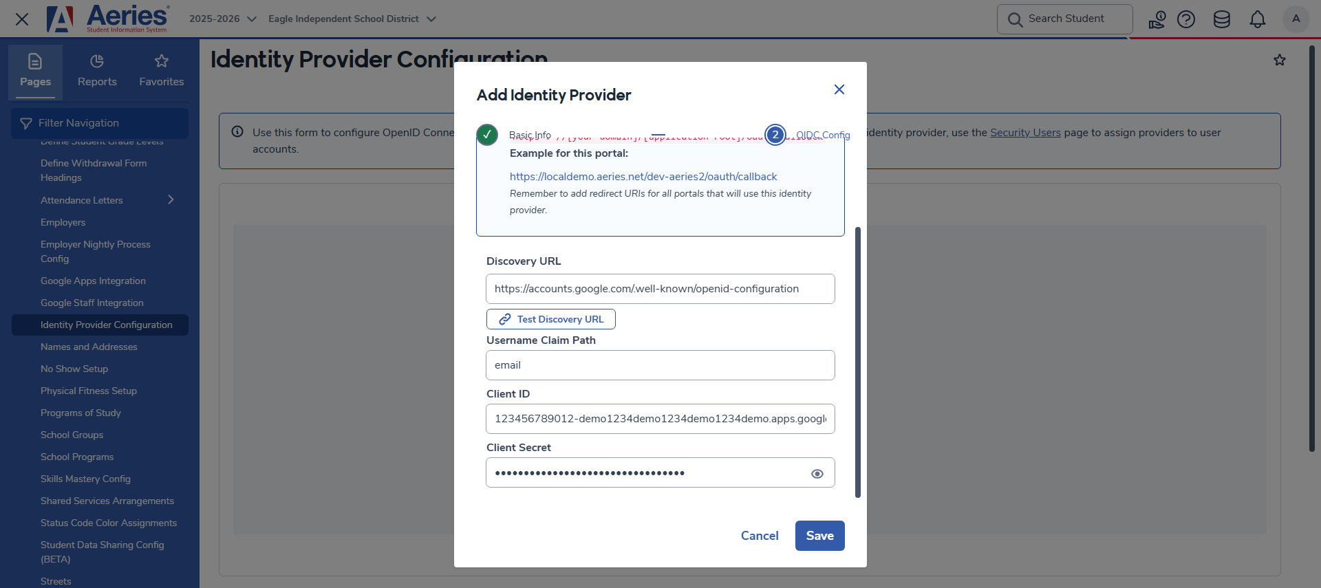 Add Identity Provider modal - Step 2 OIDC Config filled in with example values