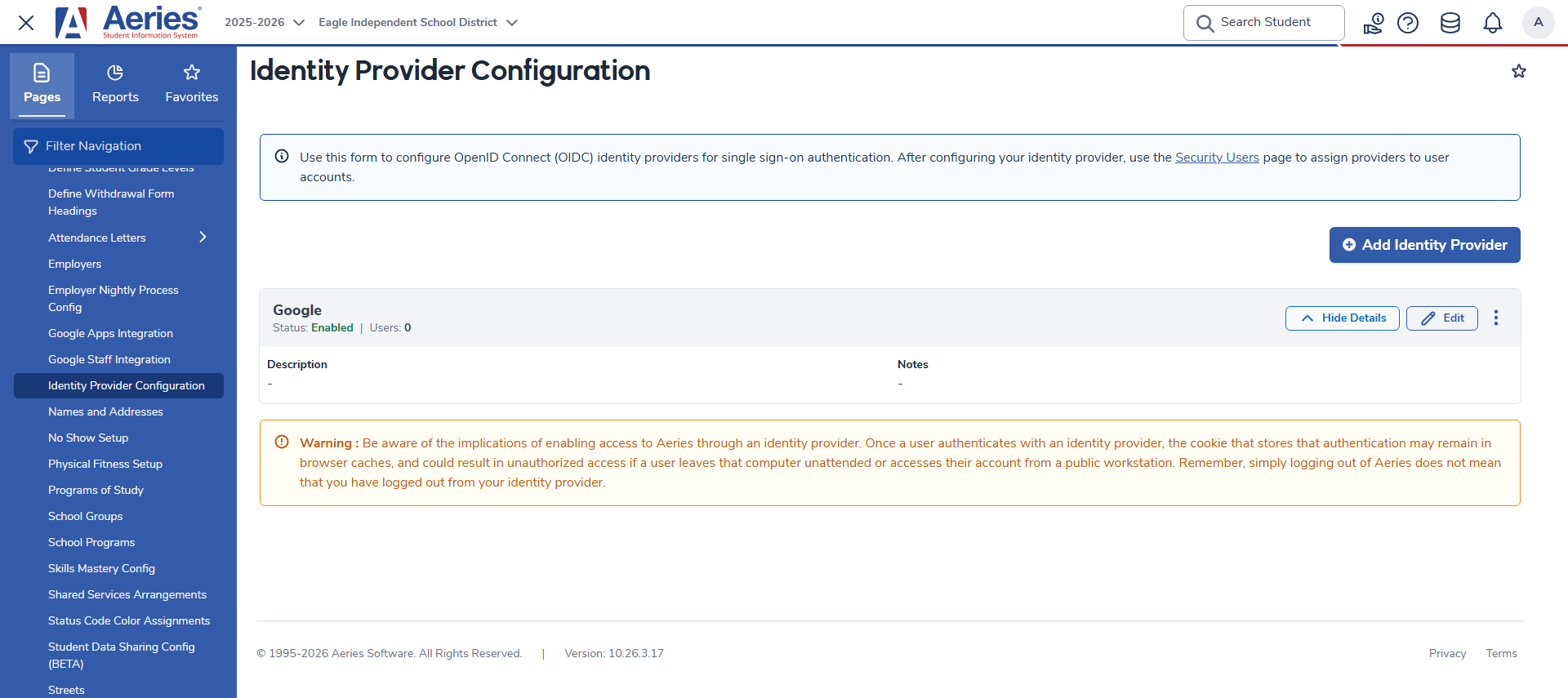 Identity Provider Configuration page with View Details expanded showing Description and Notes