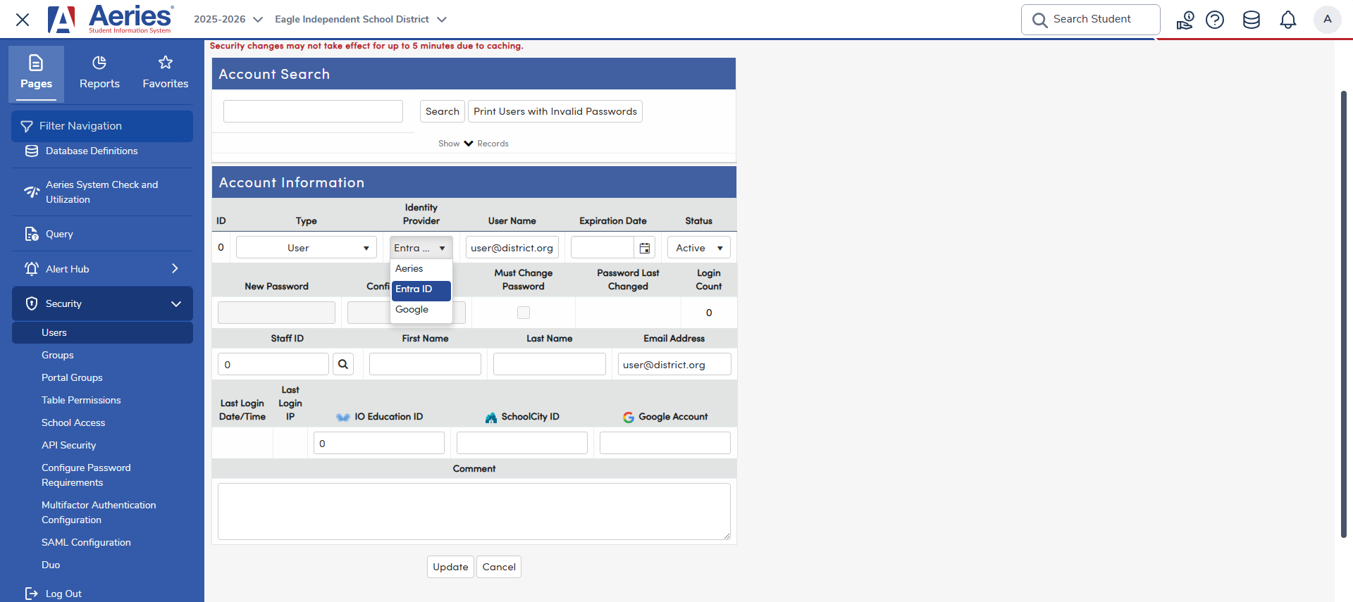 Security Users page showing the Identity Provider dropdown with Aeries, Entra ID, and Google options