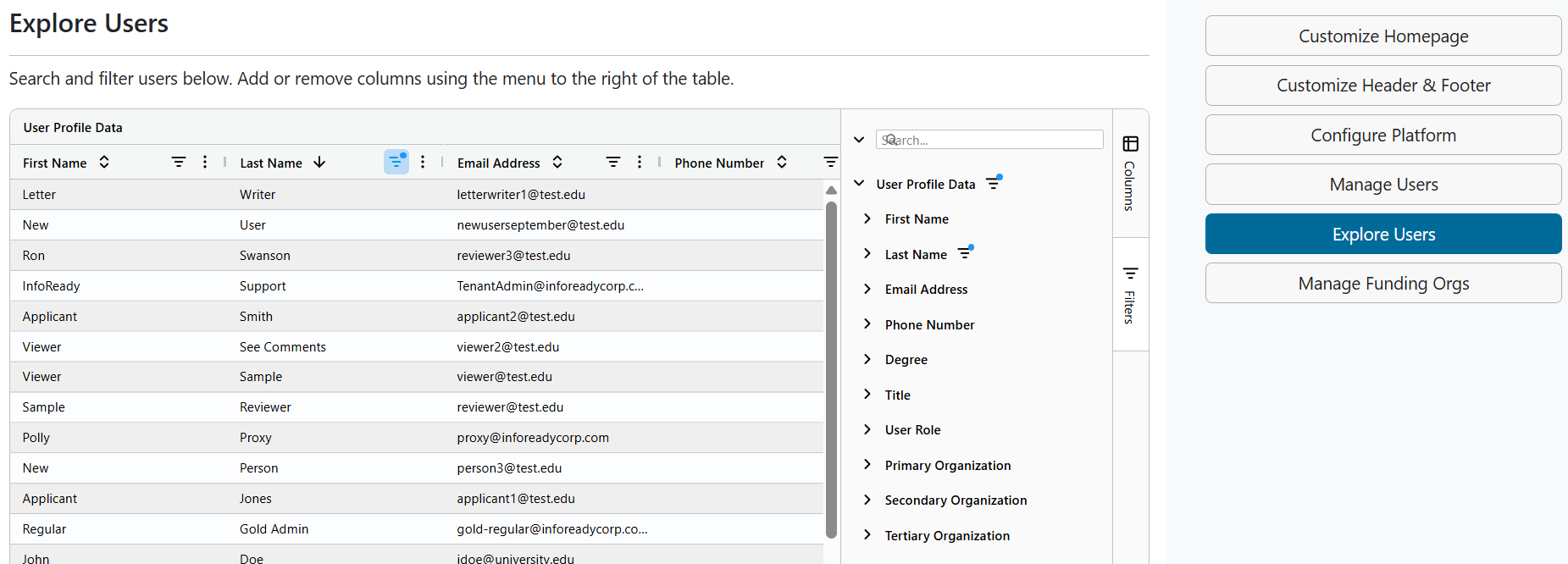 Admin view of Explore Users page with table of various users showing