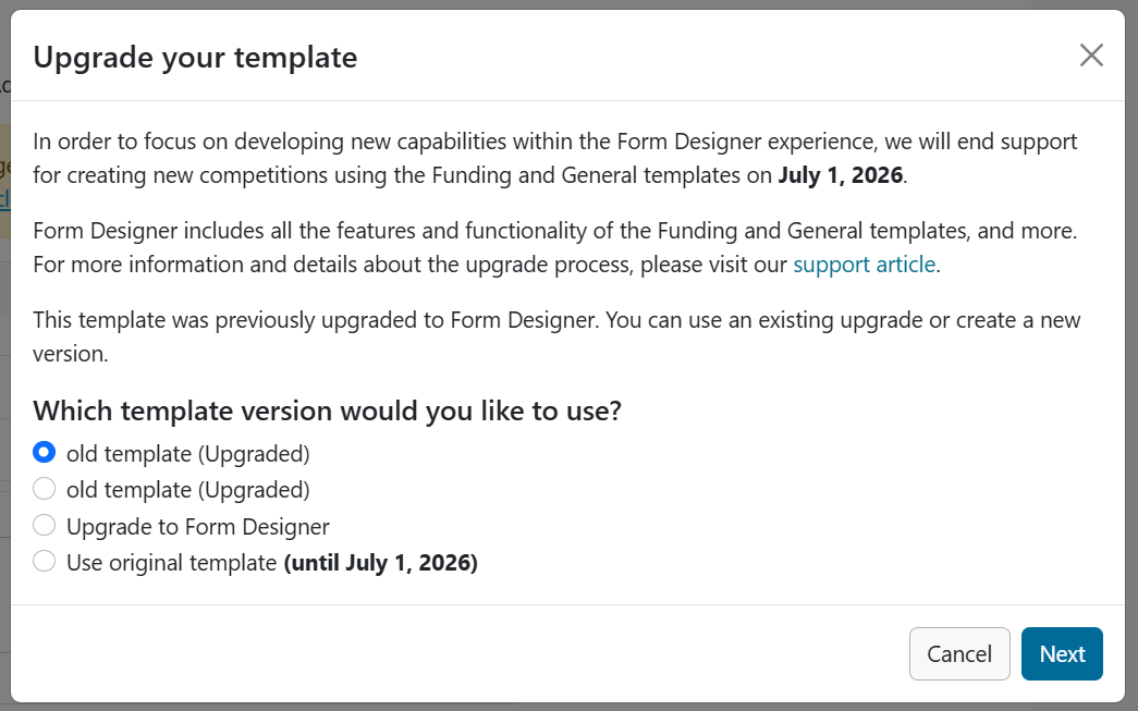 Upgrade your template modal with "old template (Upgraded)" selected