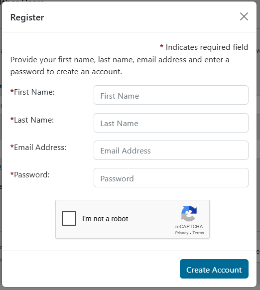 Register modal with First Name, Last Name, Email Address, and Password fields. I reCAPTCHA fields shows below.