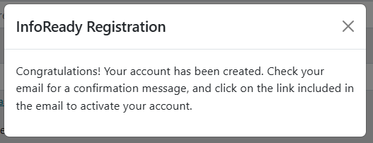 Confirmation modal of registration process.